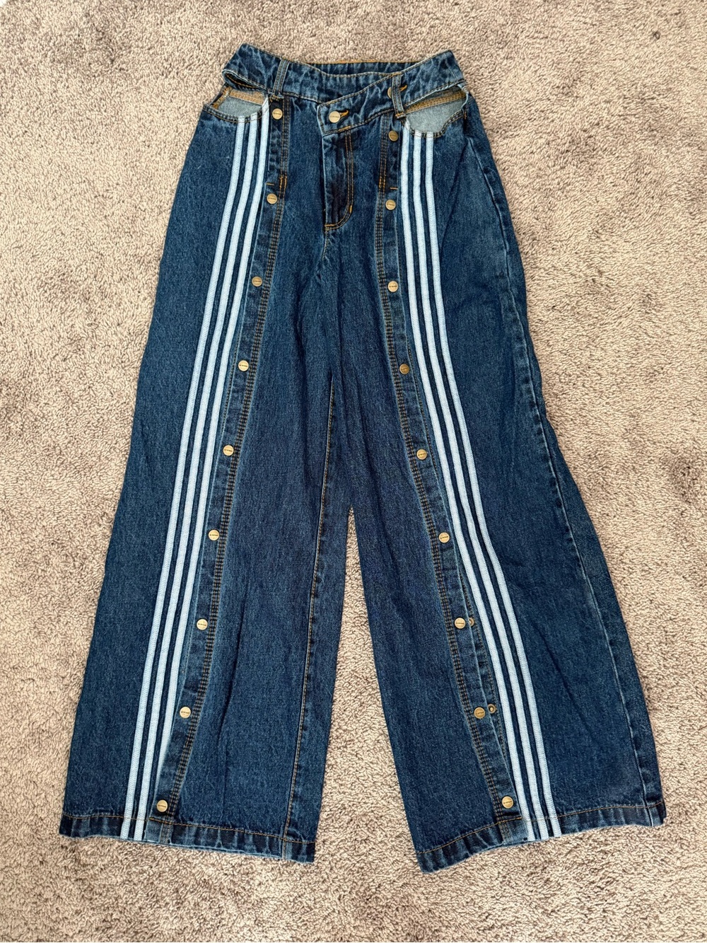 Beyoncé ivy park x adidas Wide Leg Dark Blue Jeans with Light Blue Stripe Detail - Picture 1 of 6